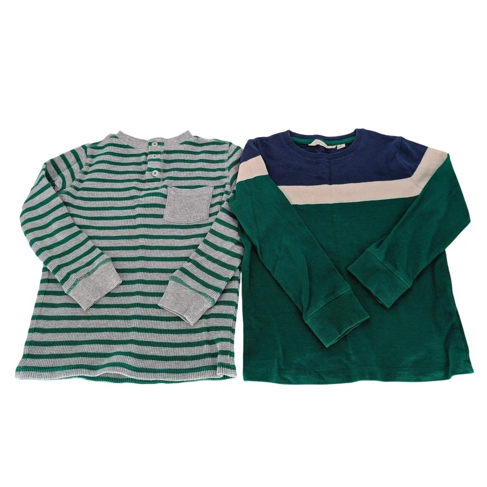 Lot 2 PCS Mini Boden Waffle Knit Thermal Shirts Kids 5-6Y‎ Green Gray Striped